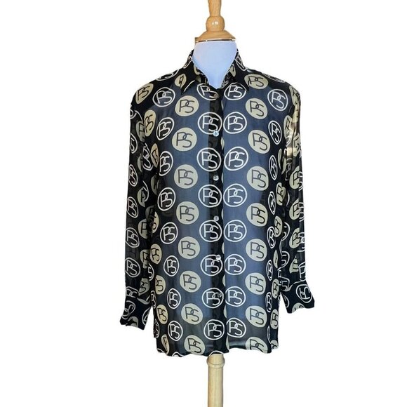 Vintage Paolo Santini Silk Blouse Black Gold Logo No Tag Measures 8 10 Medium - Picture 2 of 16